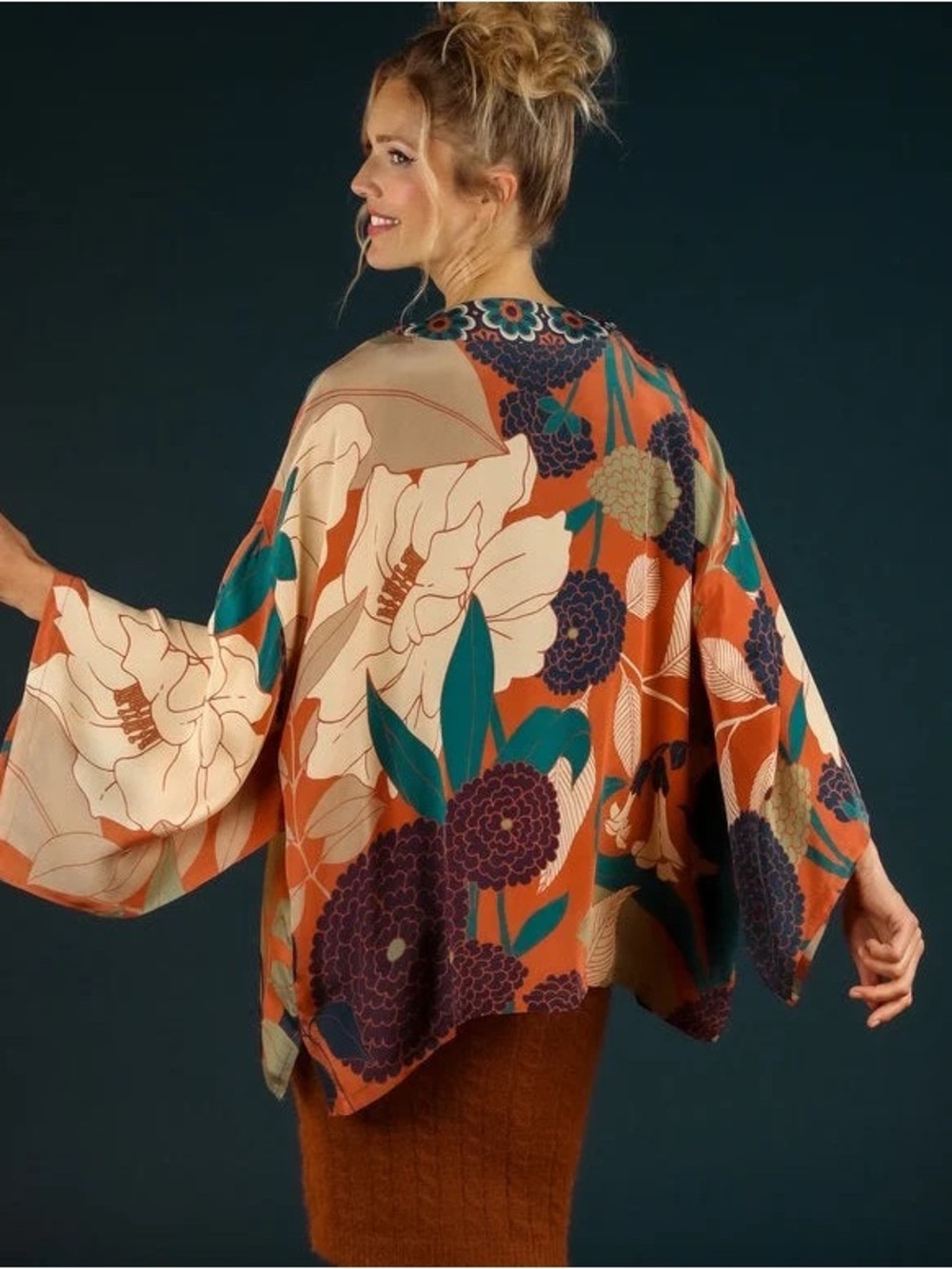 Powder Teal and Orange Autumnal Patterned Women’s Kimono